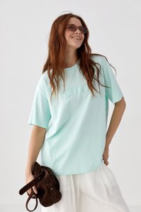 Футболка вільного крою з вишитим написом - бірюзовий цвет, ONE SIZE (є розміри)