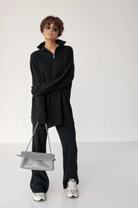 Вільний костюм в рубчик зі светром і прямими штанами - чорний цвет, ONE SIZE (є розміри)