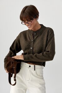 Теплий в'язаний короткий кардиган - темно-коричневий цвет, ONE SIZE (є розміри)