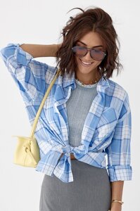 Жіноча картата сорочка на ґудзиках - блакитний цвет, L (є розміри)
