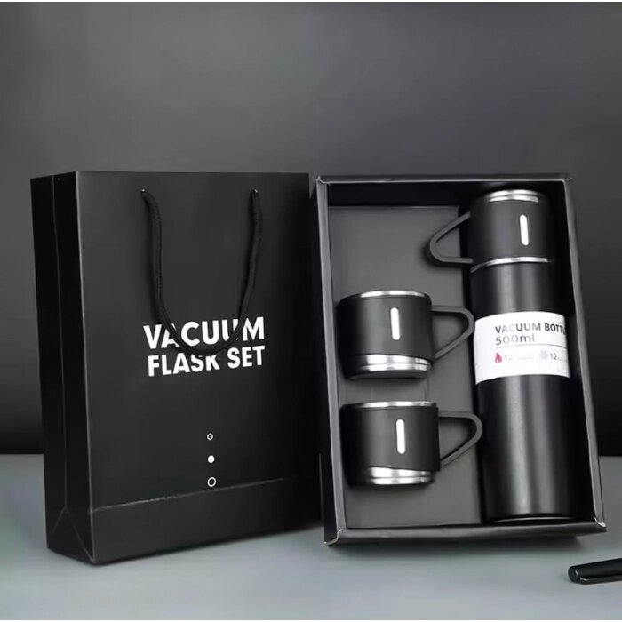 Подарунковий набір Vacuum Flask SET вакуумний термос із неіржавкої сталі 3 чашки Чорний від компанії MixMiraMаrket - фото 1