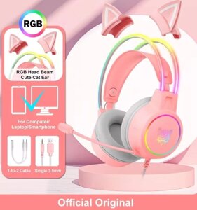 Навушники з вушками ігрові рожеві Onikuma RGB на подарунок.