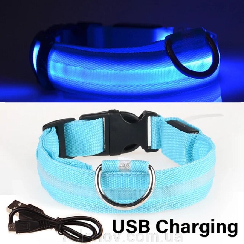 Нашийник для собак Світлодіодний нейлоновий з USB Блакитний XS 28-38 см від компанії Інтернет Ветаптека 7 слонів - фото 1