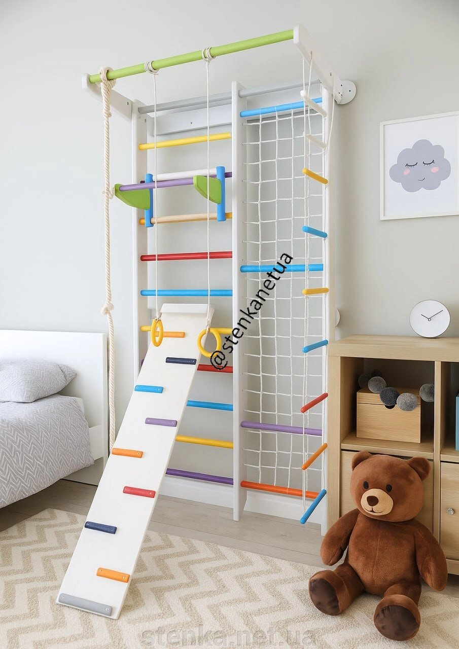 Біла шведська стінка з гладіаторських стінкою повний набір від компанії SportStenkaUA Шведська стінка, спортивний куточок з виробництва, Київ - фото 1