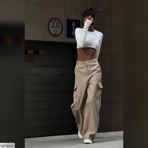 Штани-карго жіночі стильні модні ефектні широкі вільні бавовна з накладними кишенями розміри 42-48