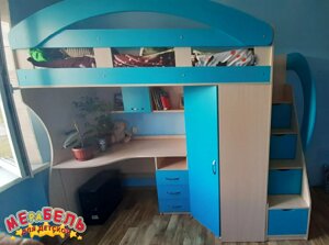 Дитяче ліжко-горище з мобільним столом, кутовою шафою, додатковим бортиком і сходами-комодом КЛ4-6-2 Merabel