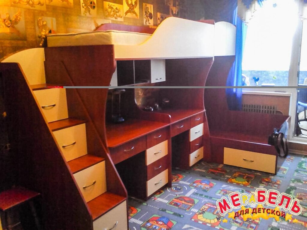 Дитяче двоярусне ліжко з двома столами і сходами-комодом АЛ18 Merabel від компанії Мерабель - фото 1