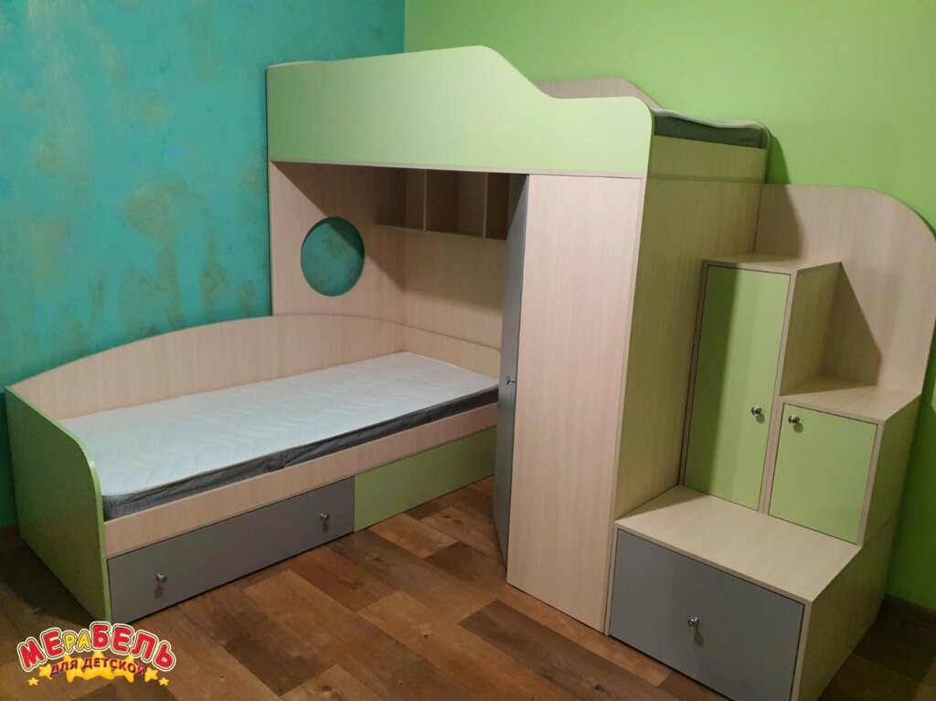 Дитяче двоярусне ліжко з кутовою шафою і сходами-тумбою АТ1 Merabel від компанії Мерабель - фото 1