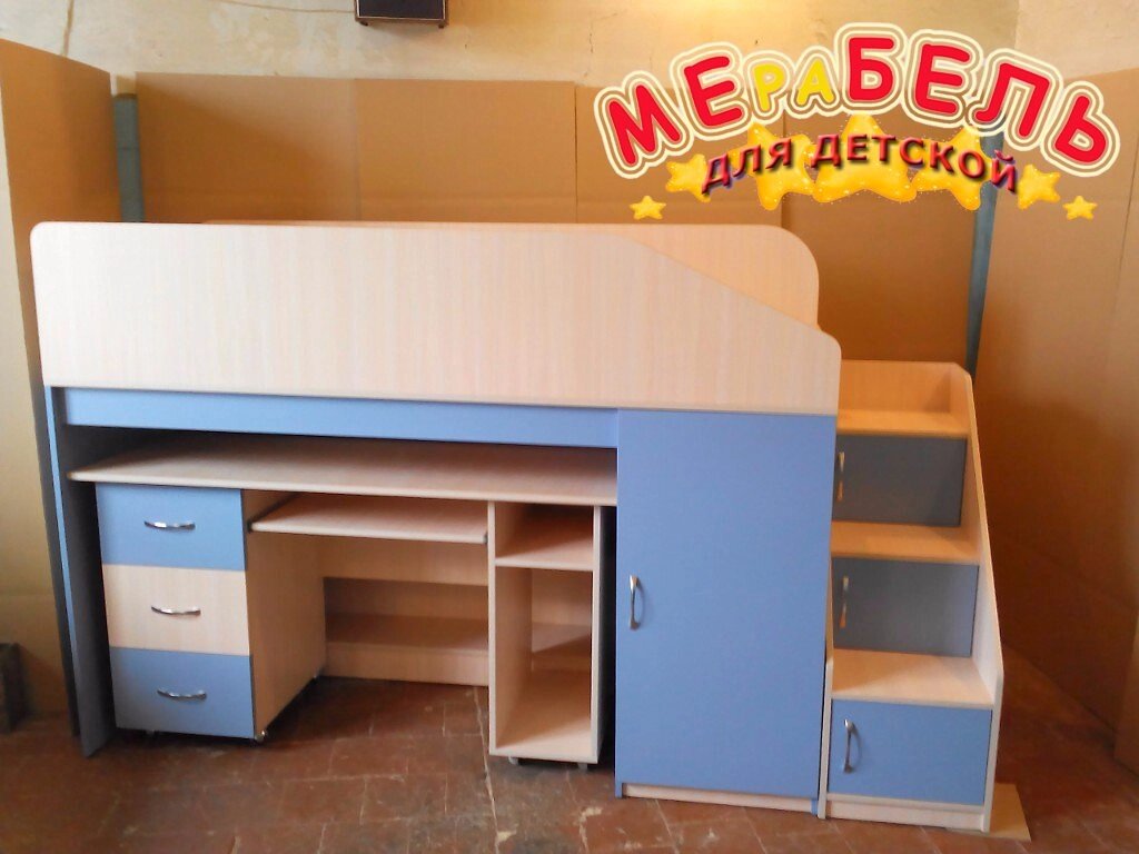 Дитяче ліжко-горище з мобільним столом, пеналом, полками і сходами-комодом КЛ9 Merabel від компанії Мерабель - фото 1