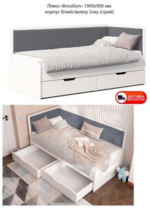 Односпальне ліжко Brooklyn 1900х900 мм, з шухлядою для білизни, м'яка спинка оббивка велюр сірий, корпус білий