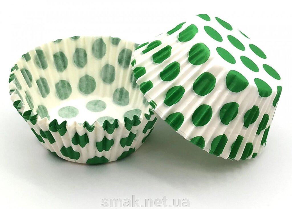 Тарталетки (капсулы) бумажные для кексов, капкейков белые в зеленый горох від компанії Інтернет магазин "СМАК" - фото 1