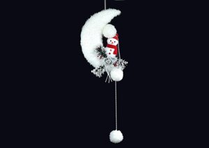 Декоративне новорічне підвісне прикраса Сніговик на місяці з бубонами