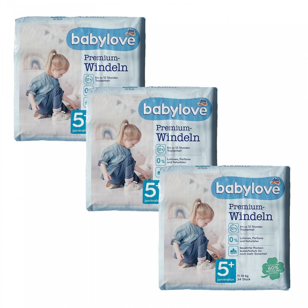 Дитячі одноразові підгузки Babylove Premium 5+ juniorplus (11-18) кг 102 шт від компанії Лізок - фото 1