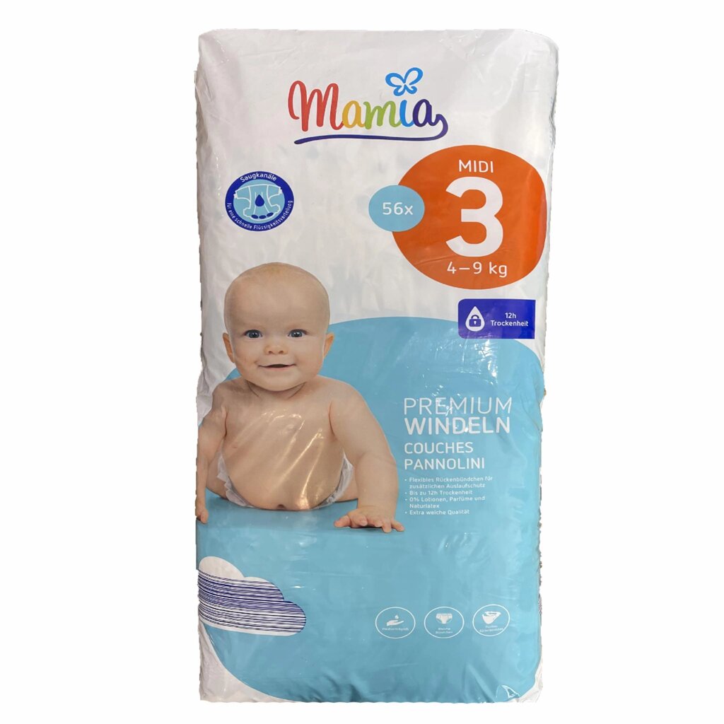 Дитячі підгузки Mamia Premium 3 Midi (4-9 кг) 56 шт від компанії Лізок - фото 1