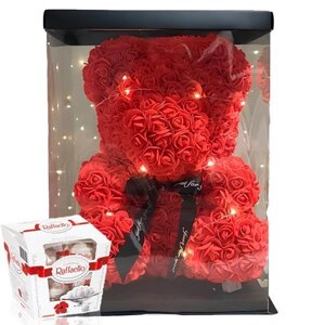 Подарунковий набір No Brand Ведмедик з троянд із підсвіткою 25 см + Raffaello Червоний (2104618450)