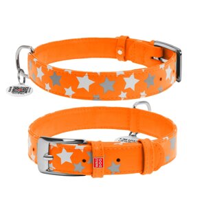 Шкіряний нашийник для собак ВАУДОГ ГЛАМУР з візерунком «Зірочка» (світловідбивний і світлонакопичуючий малюнок) Помаранчевий