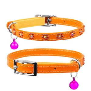 Нашийник WAUDOG Glamour із гумкою клей. стразами Квіточка для кішок 9мм/22-30см Помаранчевий