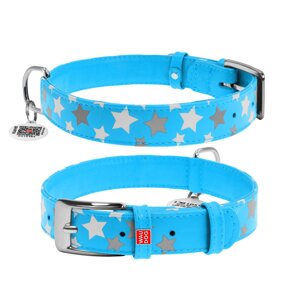 Шкіряний нашийник для собак ВАУДОГ ГЛАМУР з візерунком «Зірочка» (світловідбивний і світлонакопичуючий малюнок) Блакитний