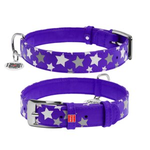 Шкіряний нашийник для собак ВАУДОГ ГЛАМУР з візерунком «Зірочка» (світловідбивний і світлонакопичуючий малюнок) Фіолетовий