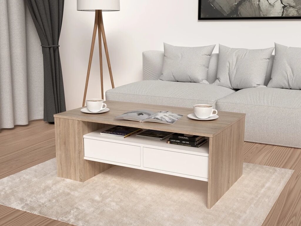 Стіл журнальний з шухлядами та поличками Boris Accord, колір дуб сонома/білий від компанії Інтернет каталог меблів - Меблі Всім - фото 1