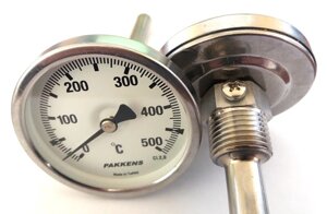 Термометр 0-500 °, Ø63мм, з різьбленням 1/2 "біметалічний, осьової, PAKKENS