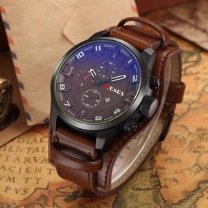 Кварцовий наручний чоловічий годинник з коричневим ремінцем код 466-1