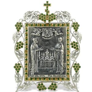 Ікона срібна настільна "Святі Петро і Февронія" з позолотою