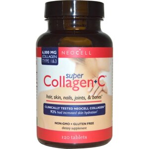 Супер Колаген Neocell + вітамін C, тип 1 і 3, 6000 мг, 120 таблеток. Зроблено в США
