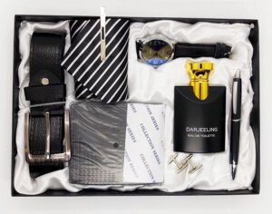 Чоловічий подарунковий набір: ремінь, ручка, краватка, годинник, парфуми, запонки A06814