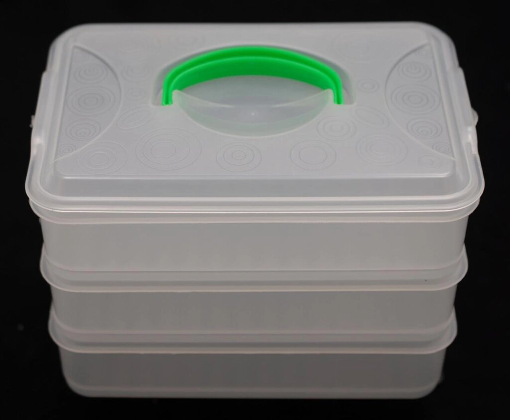 Набір прямокутних пластикових контейнерів у формі потрійного лотка-органайзера з кришкою (різні кольори ручки) від компанії ТОВ "Магія Пласт" - фото 1