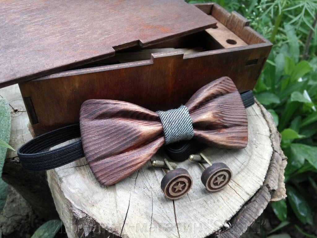 Набір дерев&#039;яна метелик краватку 3D Джинс ручної роботи, серія Зіррікот + Запонки + Коробочка - розпродаж