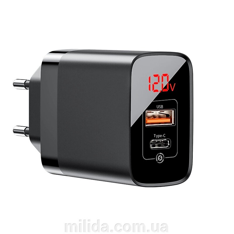 Мережеве зарядний пристрій Baseus Mirror Lake Digital Display, 2 порту, USB + Type-C Чорний (CCJMHC Mirror Lake від компанії інтернет-магазин "_Міліда_" - фото 1