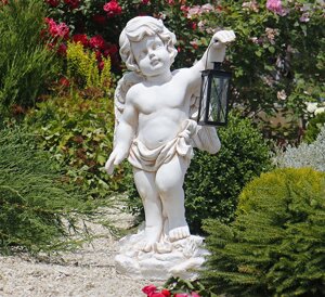 Садова фігура Ангел із ліхтарем + LED 81х39х31 см Гранд Презент ССП12208 Крем