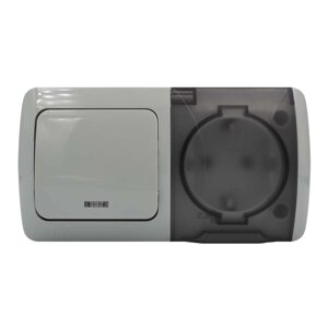 Вимикач EVA сірий 1кл з підсвіткою + Розетка з заземленням з кришкою IP54