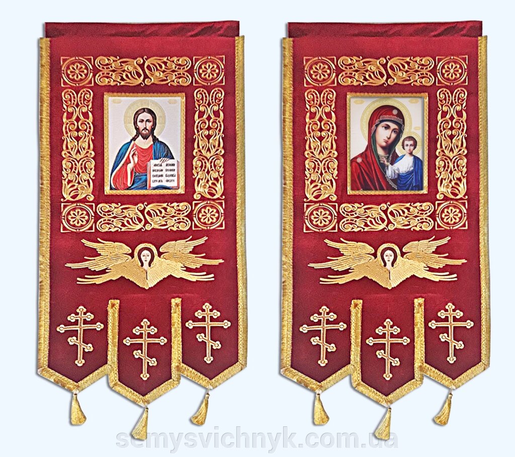 Хоругви з серафимами № 1168 (135 см х 60 см), червоні від компанії Магазин церковного начиння "Семисвічник" - фото 1