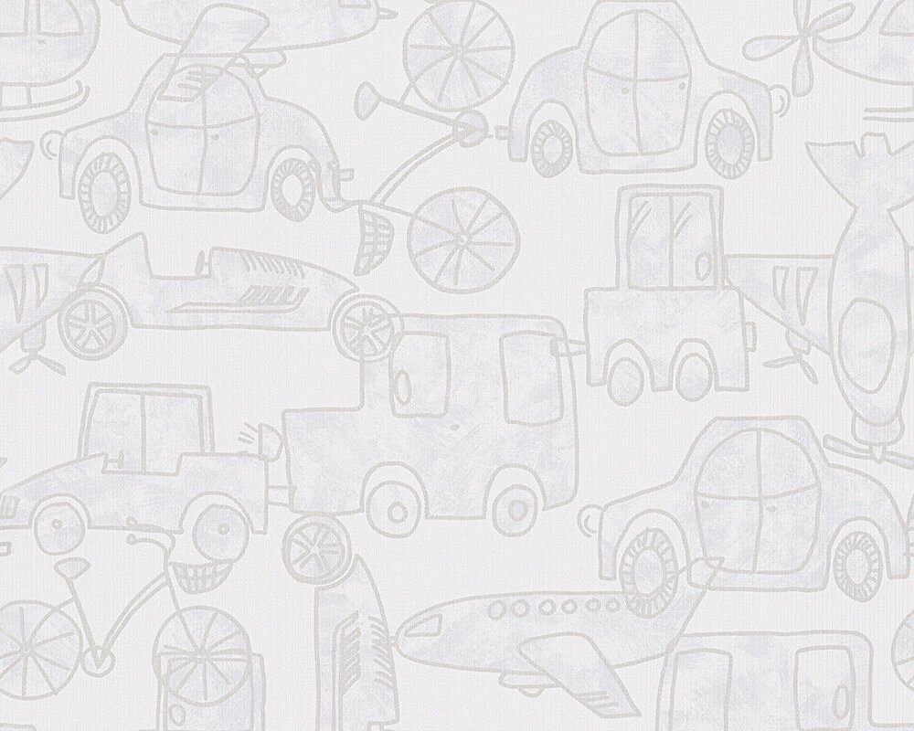Дитячі паперові шпалери 30449-2 з іграшкових машинок і літачок для маленького хлопчика, світлий візерунок на білому тлі від компанії Інтернет-магазин шпалер "Німецький Дім" - фото 1