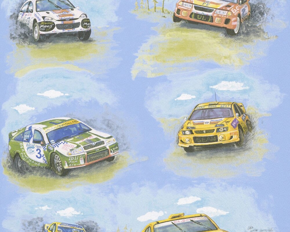 Дитячі паперові шпалери для хлопчика 7498-19, ралі з жовтими гоночними автомобілями на світлому блакитному тлі від компанії Інтернет-магазин шпалер "Німецький Дім" - фото 1