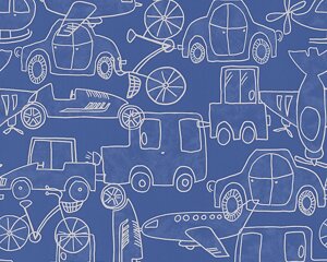 Дитячі паперові шпалери 30449-1, з іграшковими машинками та літачками, насиченого синього кольору, з фактурною поверхнею
