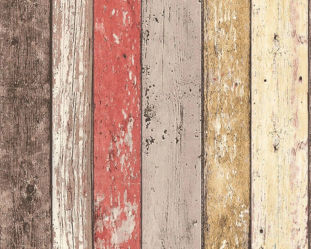 Шпалери зі справжніми дерев'яними дошками 8951-27, покритими яскравою червоною та жовтою фарбою, старою та облупленою. від компанії Інтернет-магазин шпалер "Німецький Дім" - фото 1