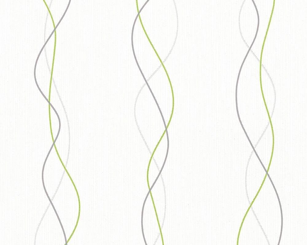 Світлі німецькі шпалери 94442-1, з тонкою хвилястою зеленою смужкою на білому, миються і тиснені, вінілові на флізелін від компанії Інтернет-магазин шпалер "Німецький Дім" - фото 1
