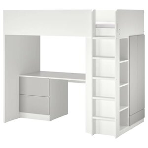 SMÅSTAD Ліжко-антресолі, біло-сірий/з письмовим столом з 3 ящиками, 90x200 см