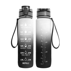 Мотиваційна пляшка для води 1л з часом, без BPA, Tritan фітнес, спорт, прогулянка black white