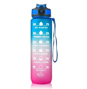 Мотиваційна пляшка для води 1л з часом, без BPA, Tritan фітнес, спорт, прогулянка bluePink