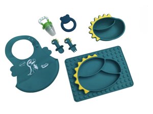 Дитячий силіконовий набір посуду для годування Дракоша ( зелений ) 7 предметів