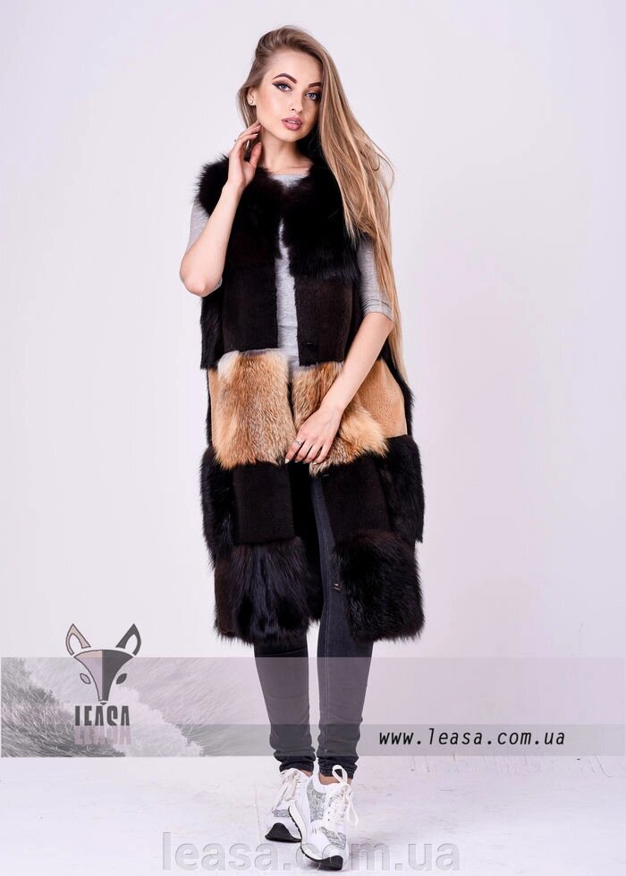 Довга жилетка з натурального хутра з накладними Кишеня з лисиці від компанії Жіночі шуби, жилети з натурального хутра Українського виробника LeaSa - фото 1