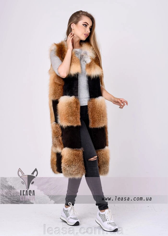 Розкішна хутряна жилетка з лисиці з комбінованімі вставками від компанії Жіночі шуби, жилети з натурального хутра Українського виробника LeaSa - фото 1