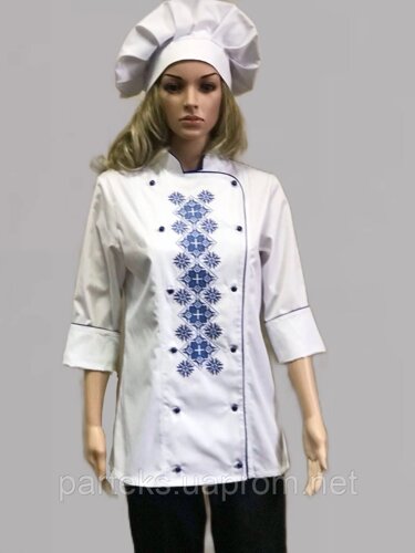 Куртка кухаря з національним орнаментом, жіноча білого кольору