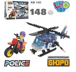 Конструктор KB 145 поліція, гелікоптер, мотоцикл, фігурка, 148 дет., кор., 20-15-4,5 см.