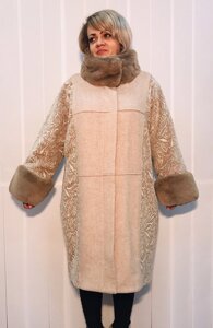Пальто зимове кашемірове жіноче беж з коміром і манжетами з хутра соболю Розмір+