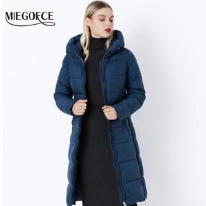 Пуховик жіночий зимовий РОЗМІР+ довгий із капюшоном на блискавці темно-синій Miagofce